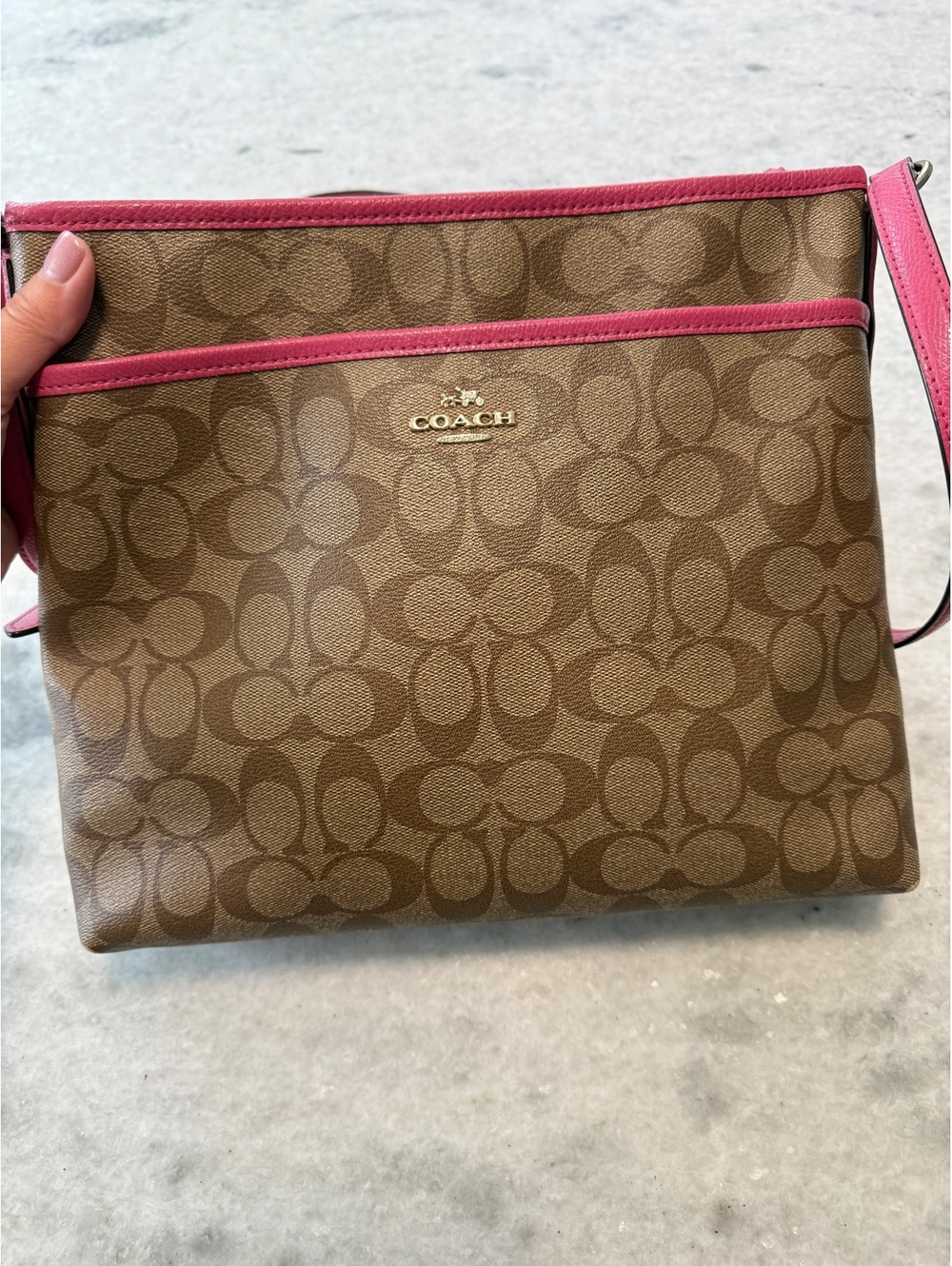 Coach Signature Print File Bag Crossbody Dark Brown w/ Fuchsia Leather Piping